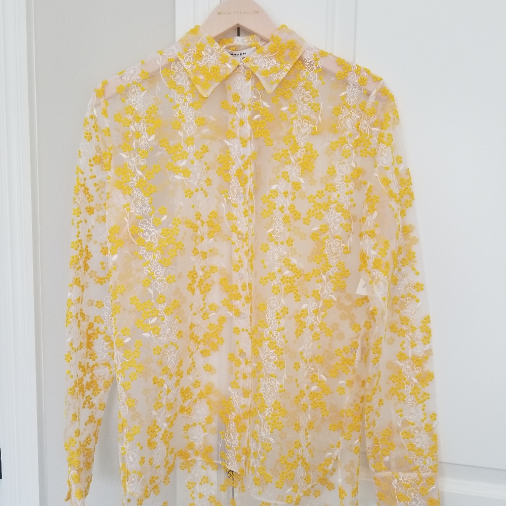Carven white organza yellow floral embroidered blouse